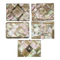 A COLLECTION OF FIVE 19TH CENTURY MOTHER OF PEARL CALLING CARD CASES Rectangular form with fitted
