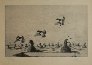 RICHARD E. BISHOP, 1887 - 1975, A BLACK AND WHITE ENGRAVING Titled 'From a Battery', Canada geese in