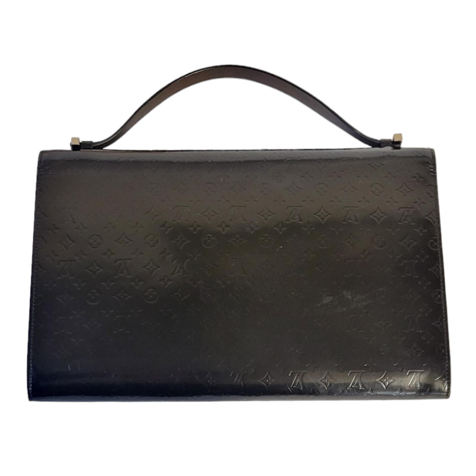 LOUIS VUITTON, A BLACK LEATHER HANDBAG Having a single handle and LV monogram design, in a brown - Image 8 of 9