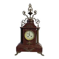 JAPY FRÈRES, A 19TH CENTURY ROUGE MARBLE AND BRASS MANTLE CLOCK Having pierced brass finial,