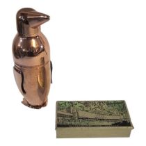 A LATE 20TH CENTURY COPPER COVERED NOVELTY COCKTAIL SHAKER FORMED AS A PENGUIN In Deco manner,
