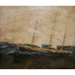 A 19TH CENTURY BRITISH SCHOOL OIL ON BOARD, HALF RIGGED MERCHANT SHIP AT SEA Gilt framed,