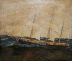 A 19TH CENTURY BRITISH SCHOOL OIL ON BOARD, HALF RIGGED MERCHANT SHIP AT SEA Gilt framed,