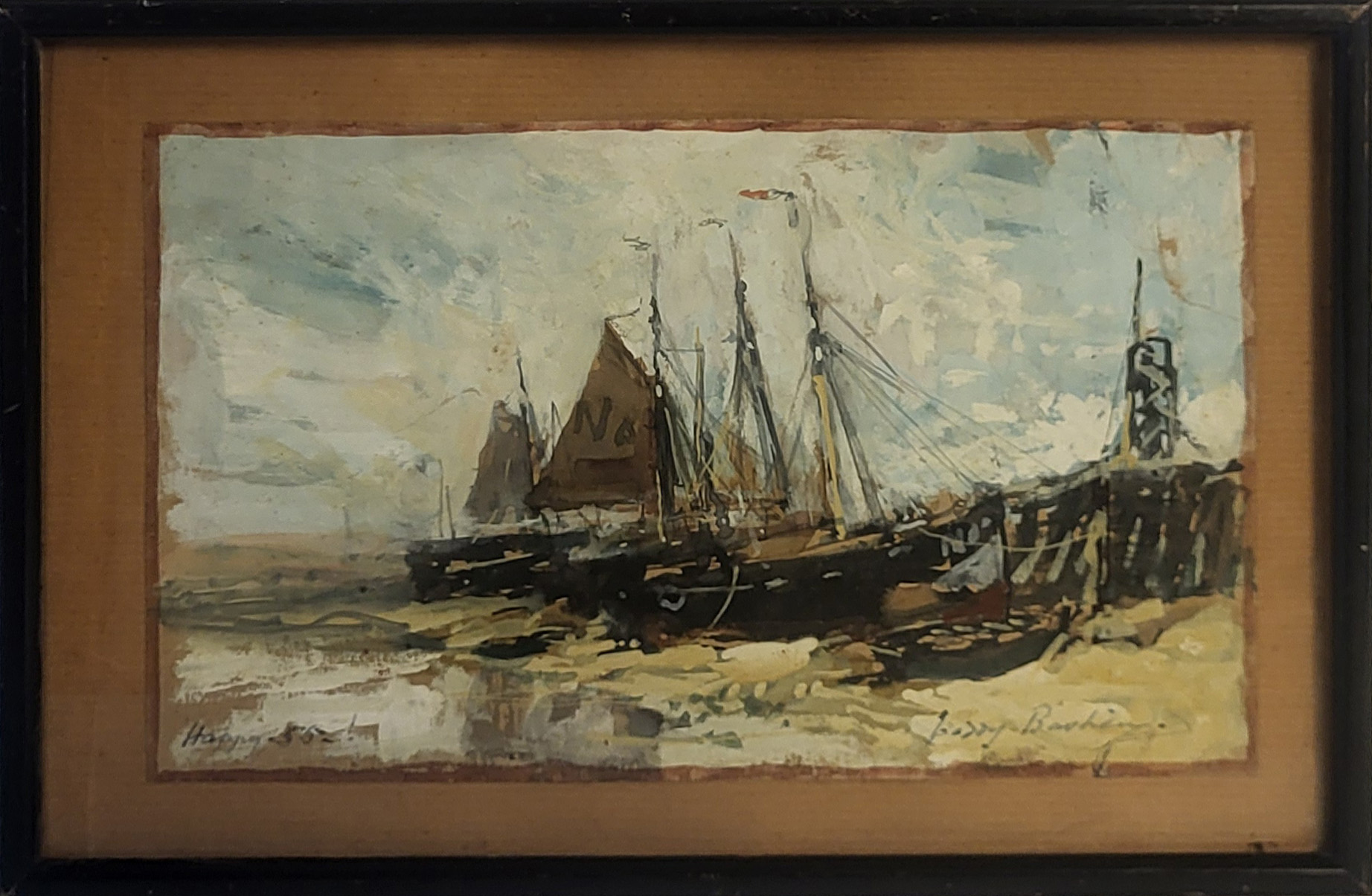 ALFRED T. BASTIEN, FLEMISH, 1873 - 1955, GOUACHE/PAPER Boats moored on the harbour, signed, framed - Image 2 of 7
