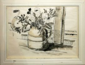 JOAN WARBURTON, BRITISH, 1920 - 1996, PEN, INK AND WASH Still life with flowers, dated 1943,