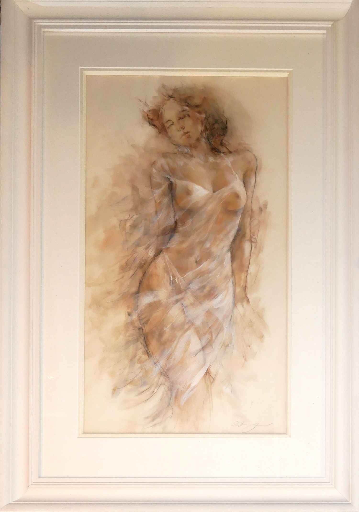 GARY BENFIELD, A 20TH CENTURY MIXED MEDIA FEMALE STUDY Full length portrait, wearing fine see - Image 3 of 9