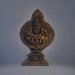 A TIBETAN BRASS STATUE OF AVALOKITESVARA (GUANYIN), the thousand arm deity, with removable ornate