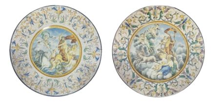 A PAIR OF FINE 19TH CENTURY ITALIAN URBINO OR CANTAGALLI STYLE TIN GLAZED MAJOLICA ISTORIATIO