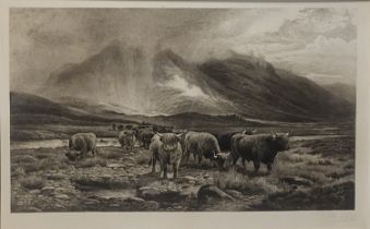 FRANK PATON, 1856 - 1909, A SCOTTISH BLACK AND WHITE Landscape, highland cattle in a mountainous