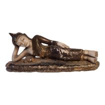 A FINE 19TH CENTURY KINGDOM OF SIAM/BURMESE ALABASTER CARVING MODELLED AS A RECLINING BUDDHA