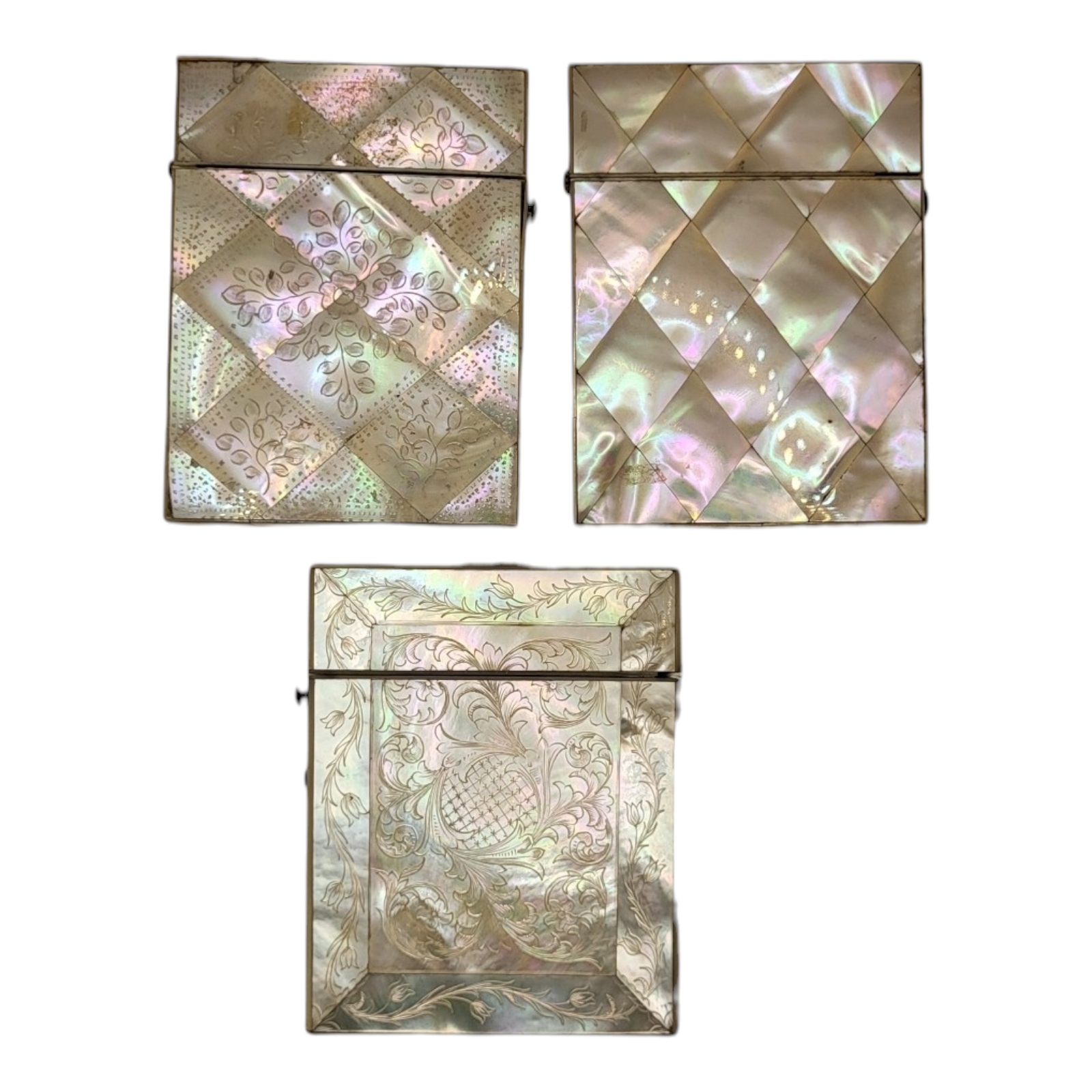 A COLLECTION OF THREE 19TH CENTURY MOTHER OF PEARL CALLING CARD CASES To include a case with fine