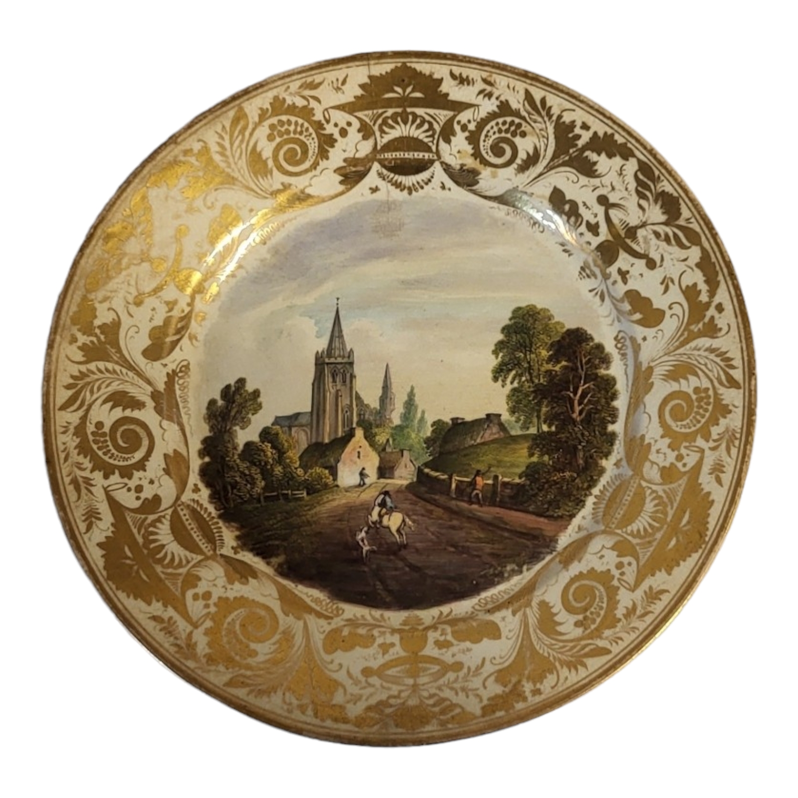 AN 18TH CENTURY DERBY TOPOGRAPHICAL PORCELAIN CABINET PLATE Centrally enamelled with a view near - Image 2 of 7