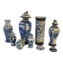 A COLLECTION OF SIX LATE 19TH/EARLY 20TH CENTURY CHINESE BLUE AND WHITE CRACKLE GLAZE POTTERY