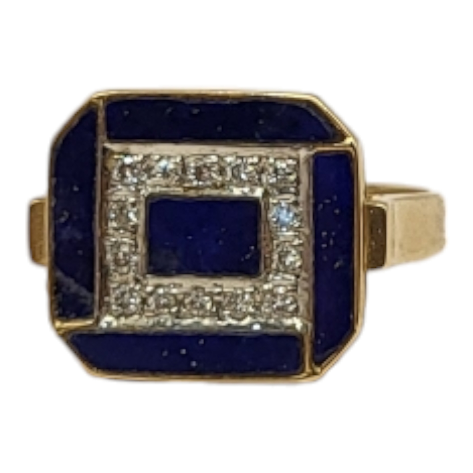 A CONTINENTAL 14CT GOLD, DIAMOND AND LAPIS LAZULI RING Having a row of round cut diamonds edged with - Image 3 of 5