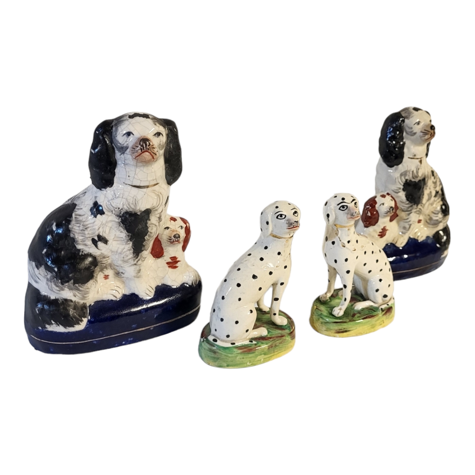 A PAIR OF VICTORIAN STAFFORDSHIRE PEARLWARE MODELS OF DALMATIANS With painted features, gilt collars - Image 2 of 5