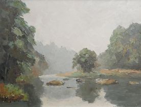 A MID 20TH CENTURY OIL ON BOARD, RIVERSIDE SCENE WITH MOUNTAIN BACKDROP Indistinctly signed ‘G.