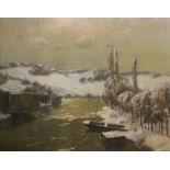 ALBERT JULIUS OLSSON, R.A., BRITISH, 1864 - 1942, OIL ON CANVAS Winter riverside landscape,
