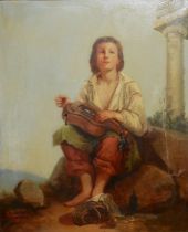 A. BERGMAN (XX), A 19TH CENTURY OIL ON CANVAS Portrait of young musician with Hurdy Gurdy