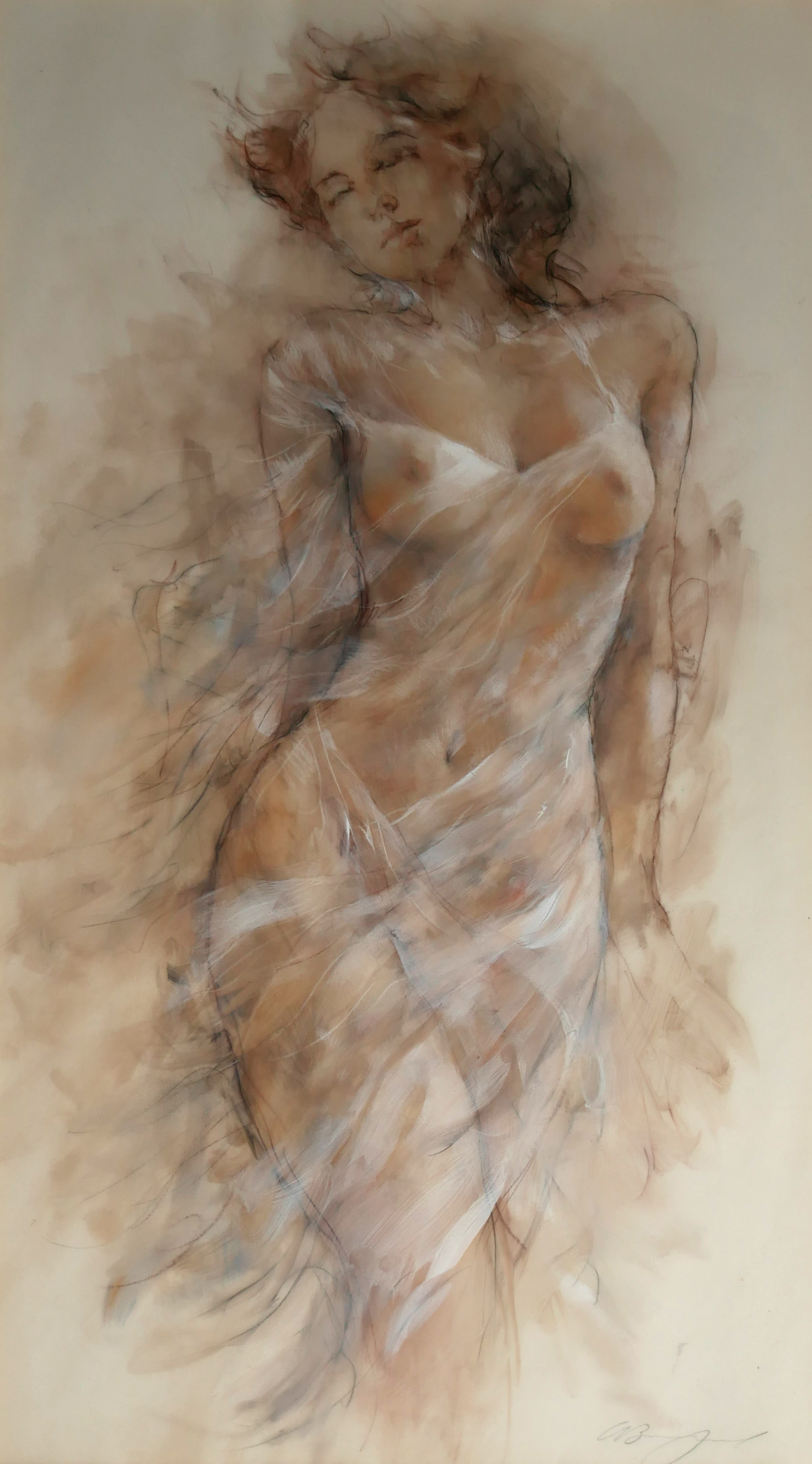 GARY BENFIELD, A 20TH CENTURY MIXED MEDIA FEMALE STUDY Full length portrait, wearing fine see