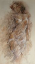 GARY BENFIELD, A 20TH CENTURY MIXED MEDIA FEMALE STUDY Full length portrait, wearing fine see