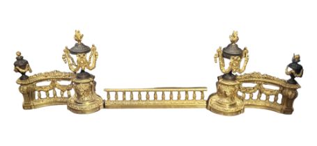 A 19TH CENTURY FRENCH BRONZE AND ORMOLU CHENET Classical bronze urns with ormolu swags, lion masks