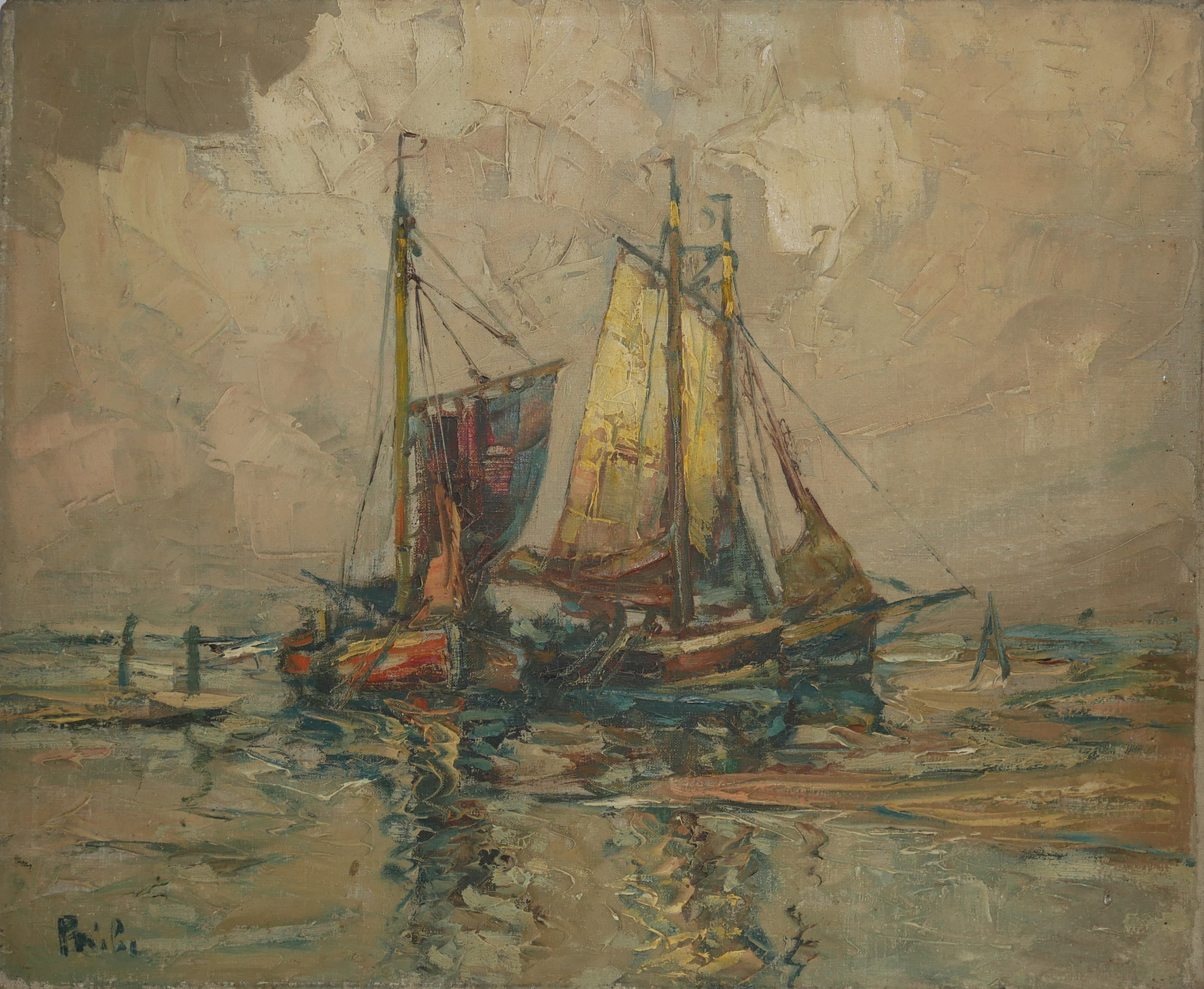 AN EARLY 20TH CENTURY OIL ON CANVAS, MARINE SCENE, FISHING BOATS AT SEA Signed lower left. (approx