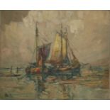 AN EARLY 20TH CENTURY OIL ON CANVAS, MARINE SCENE, FISHING BOATS AT SEA Signed lower left. (approx