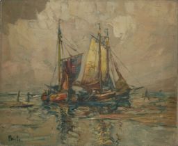 AN EARLY 20TH CENTURY OIL ON CANVAS, MARINE SCENE, FISHING BOATS AT SEA Signed lower left. (approx