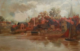 UNKNOWN ARTIST (XX), 19TH CENTURY OIL ON CANVAS European town harbourside scene, indistinctly signed