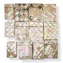 A COLLECTION OF TWELVE 19TH CENTURY MOTHER OF PEARL CALLING CARD CASES Having diamond lozenge