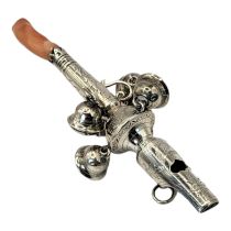 A GEORGIAN SILVER AND CORAL CHILD'S RATTLE Having a whistle finial, six bells, engraved decoration