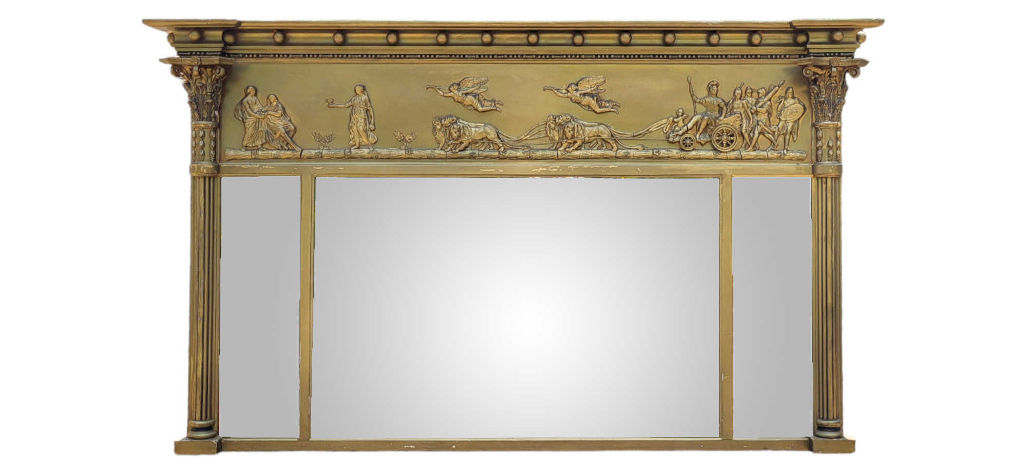 A REGENCY GILT GESSO TRIPTYCH OVERMANTLE MIRROR Rectangular form, with classical column supports,