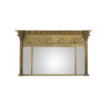 A REGENCY GILT GESSO TRIPTYCH OVERMANTLE MIRROR Rectangular form, with classical column supports,