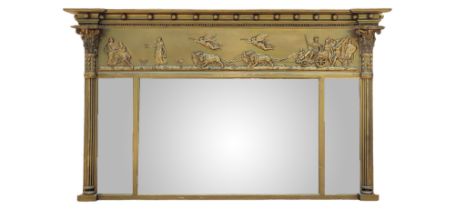 A REGENCY GILT GESSO TRIPTYCH OVERMANTLE MIRROR Rectangular form, with classical column supports,