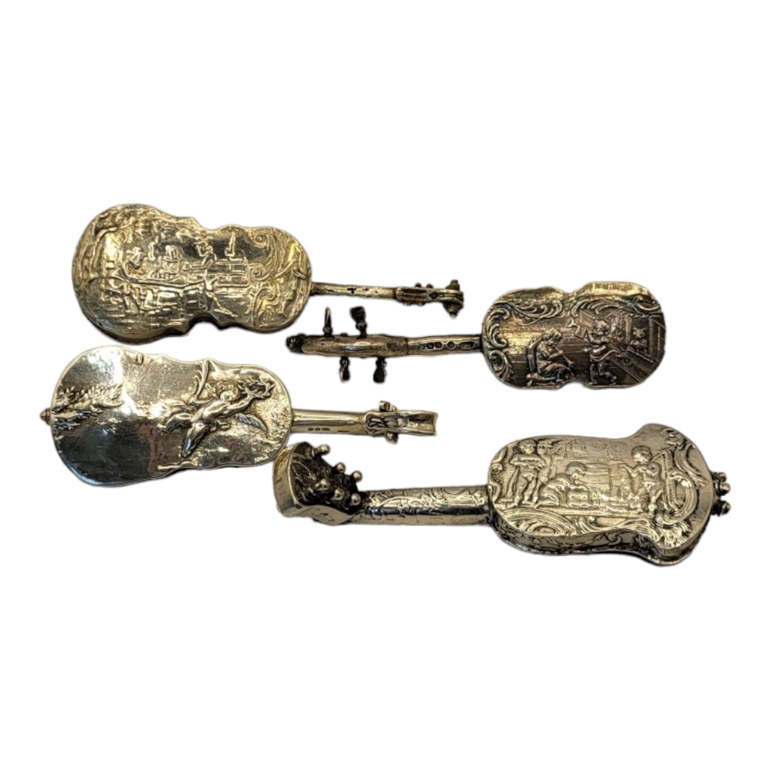 A COLLECTION OF FOUR EARLY 20TH CENTURY SILVER NOVELTY CELLO Having embossed figural decoration, - Image 3 of 4
