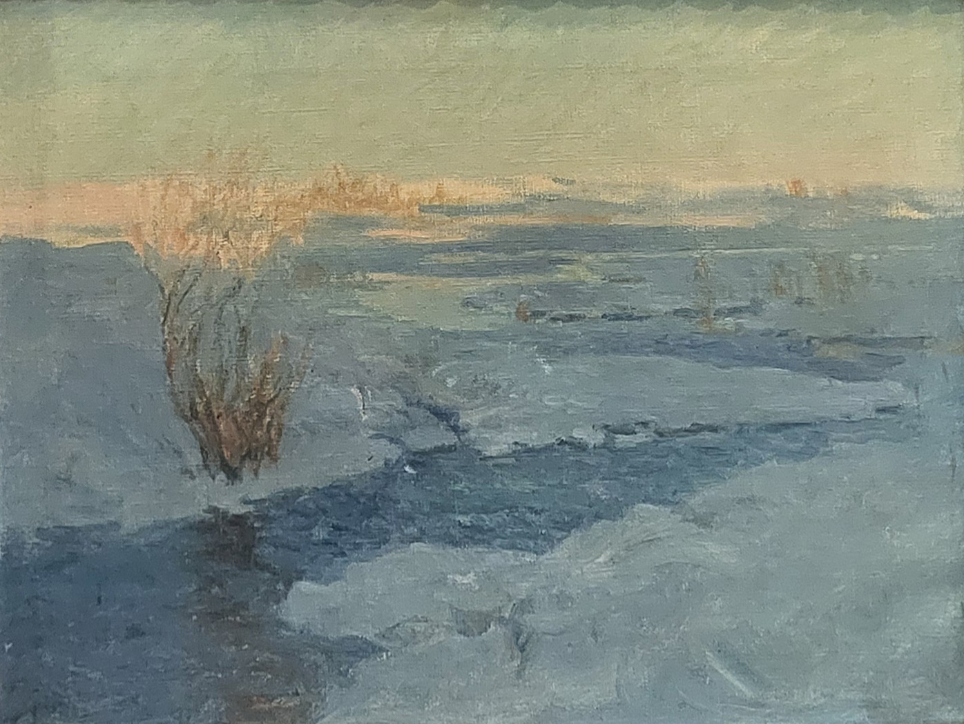 ALBERT JULIUS OLSSON, R.A., BRITISH, 1864 - 1942, OIL ON CANVAS Winter scene on the river bank,