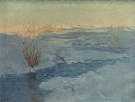 ALBERT JULIUS OLSSON, R.A., BRITISH, 1864 - 1942, OIL ON CANVAS Winter scene on the river bank,