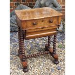 A 19TH CENTURY BURR WALNUT SEWING TABLE The compartmental drawer above a lined storage box, on