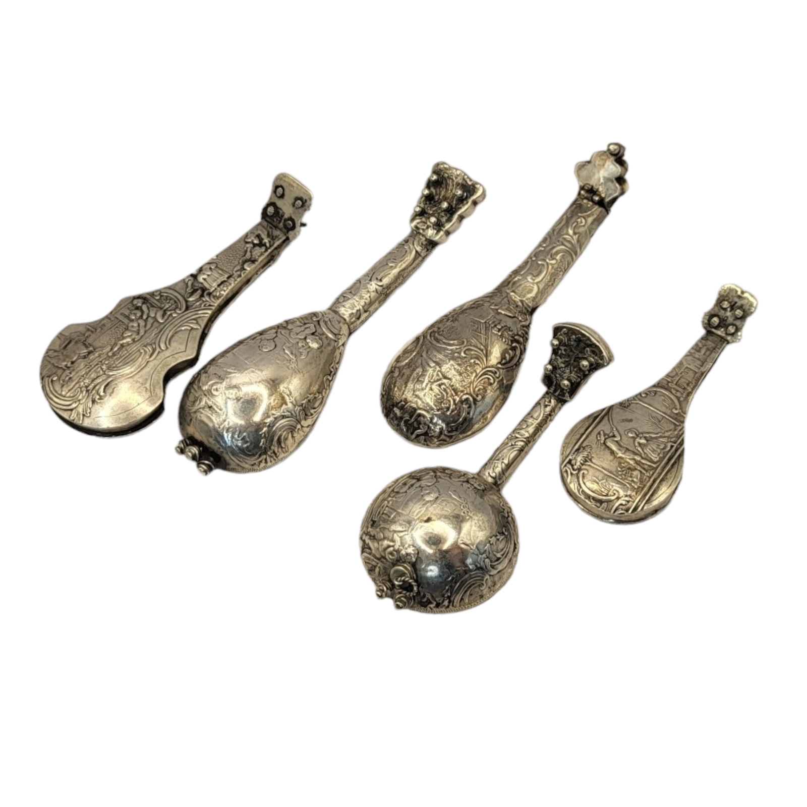 A SET OF THREE 19TH CENTURY CONTINENTAL SILVER NOVELTY MINIATURE MODELS OF MANDOLINS All embossed - Image 2 of 2