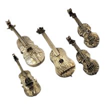 A COLLECTION OF FIVE EARLY 20TH CENTURY CONTINENTAL SILVER NOVELTY MUSICAL INSTRUMENTS Comprising
