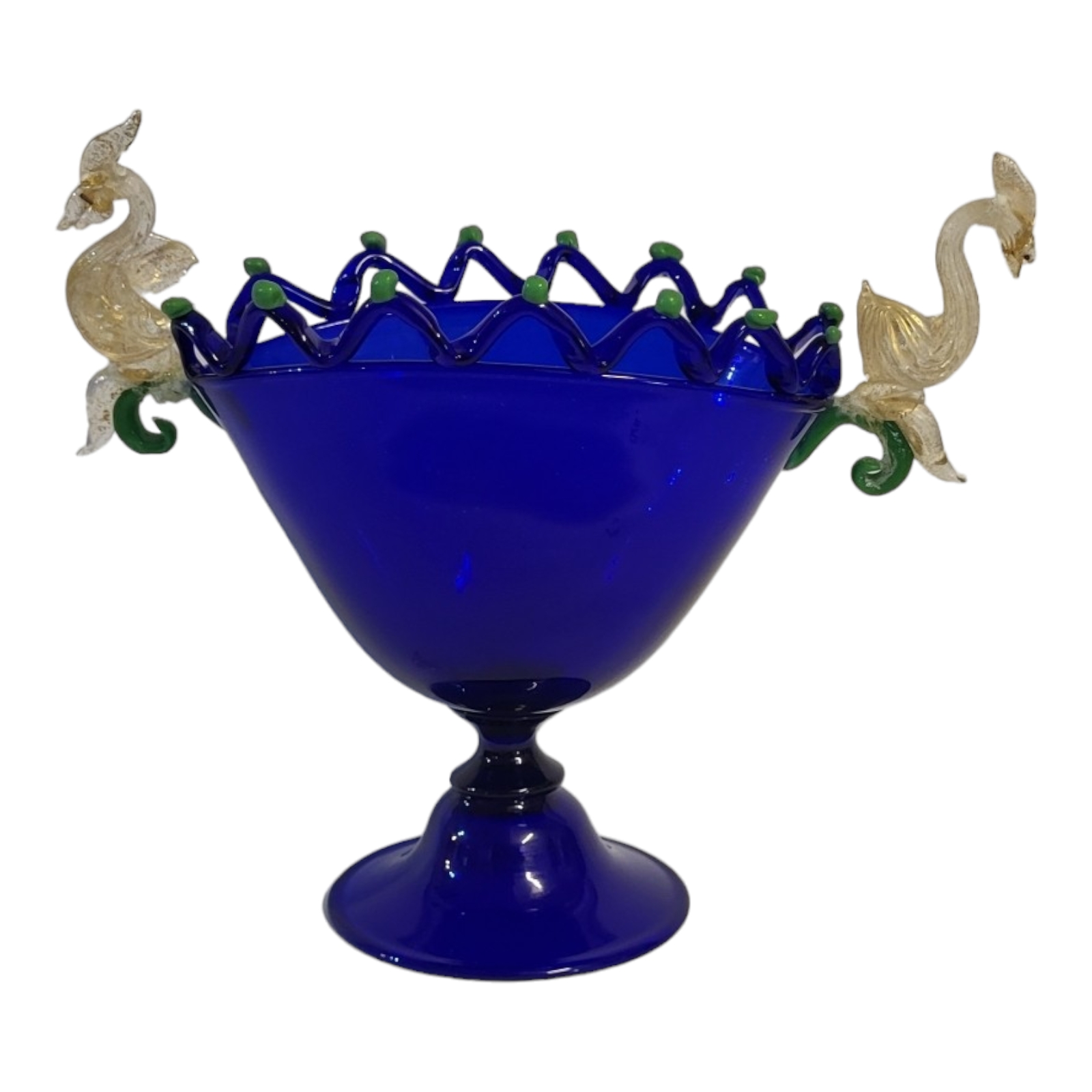 AN ITALIAN MURANO HAND BLOWN DARK BLUE GLASS PEDESTAL BOWL Applied to both sides with gilded glass