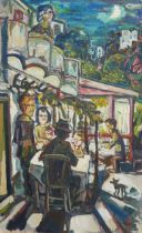 UNKNOWN ARTIST (XX), 20TH CENTURY IMPRESSIONIST OIL ON BOARD Dining at dusk scene, indistinctly