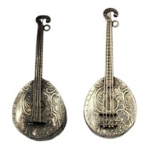 TWO VINTAGE SILVER MANDOLIN SNUFF BOX Having a hinged compartment to rear and embossed figural
