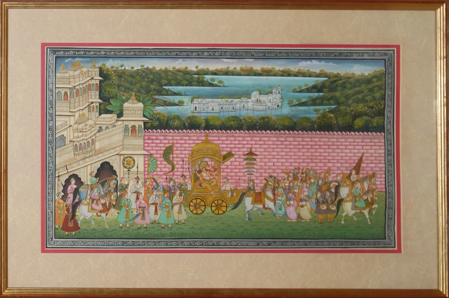 TWO 20TH CENTURY INDIAN WATERCOLOUR ON SILK, LANDSCAPES A procession featuring Ganesh with chariots, - Image 3 of 7