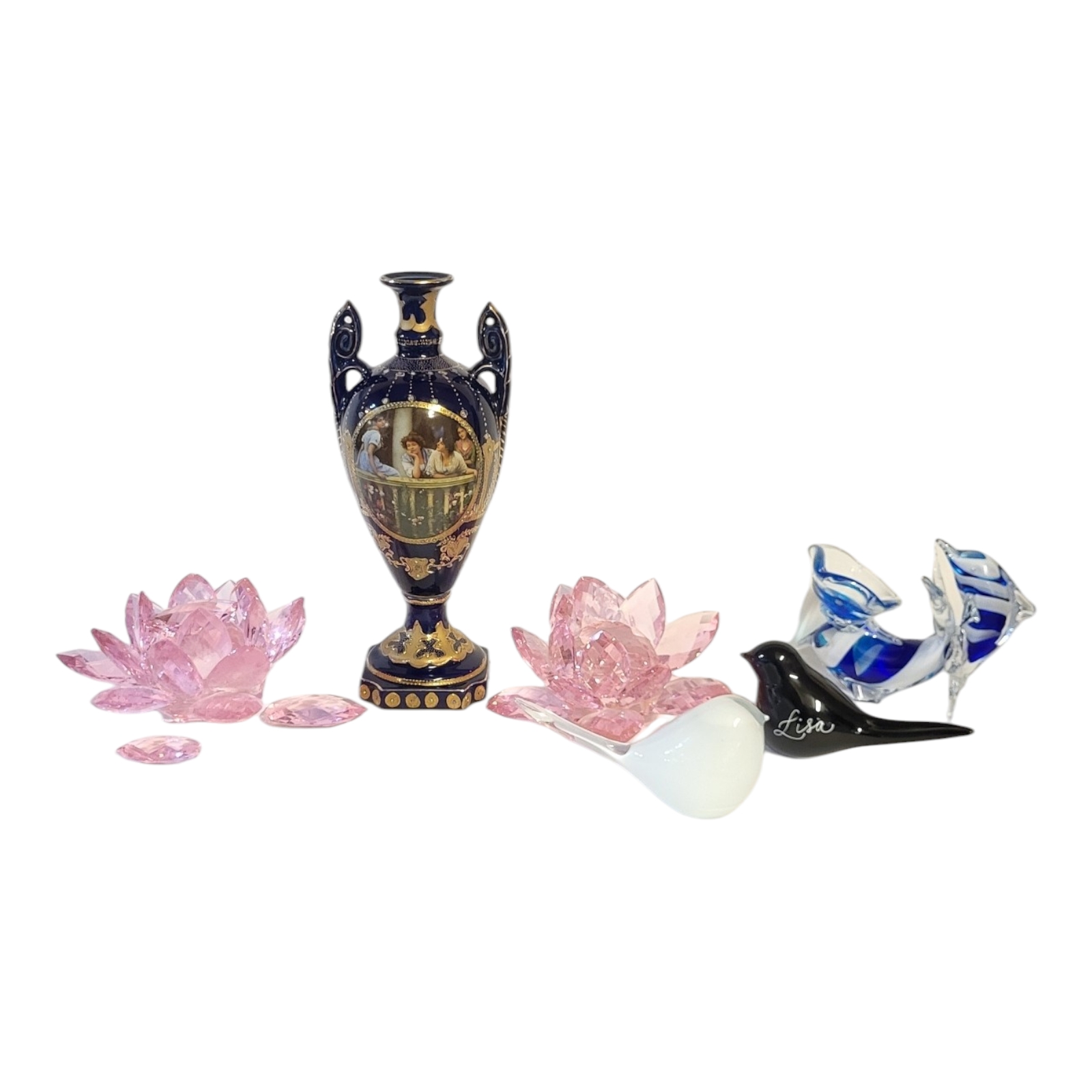 A PAIR OF SWAROVSKI STYLE PINK CRYSTAL GLASS FLOWERS Along with a Murano style posy holder formed as