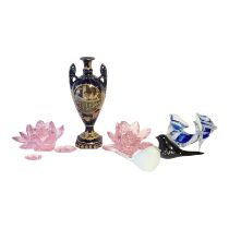 A PAIR OF CONTINENTAL SWAROVSKI STYLE LEAD CRYSTAL CUT GLASS PINK GLAZED MURANO STYLE TWIN DOLPHIN