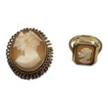 A VINTAGE 9CT GOLD SHELL CAMEO BROOCH Pierced filigree mount with carved portrait,together with a