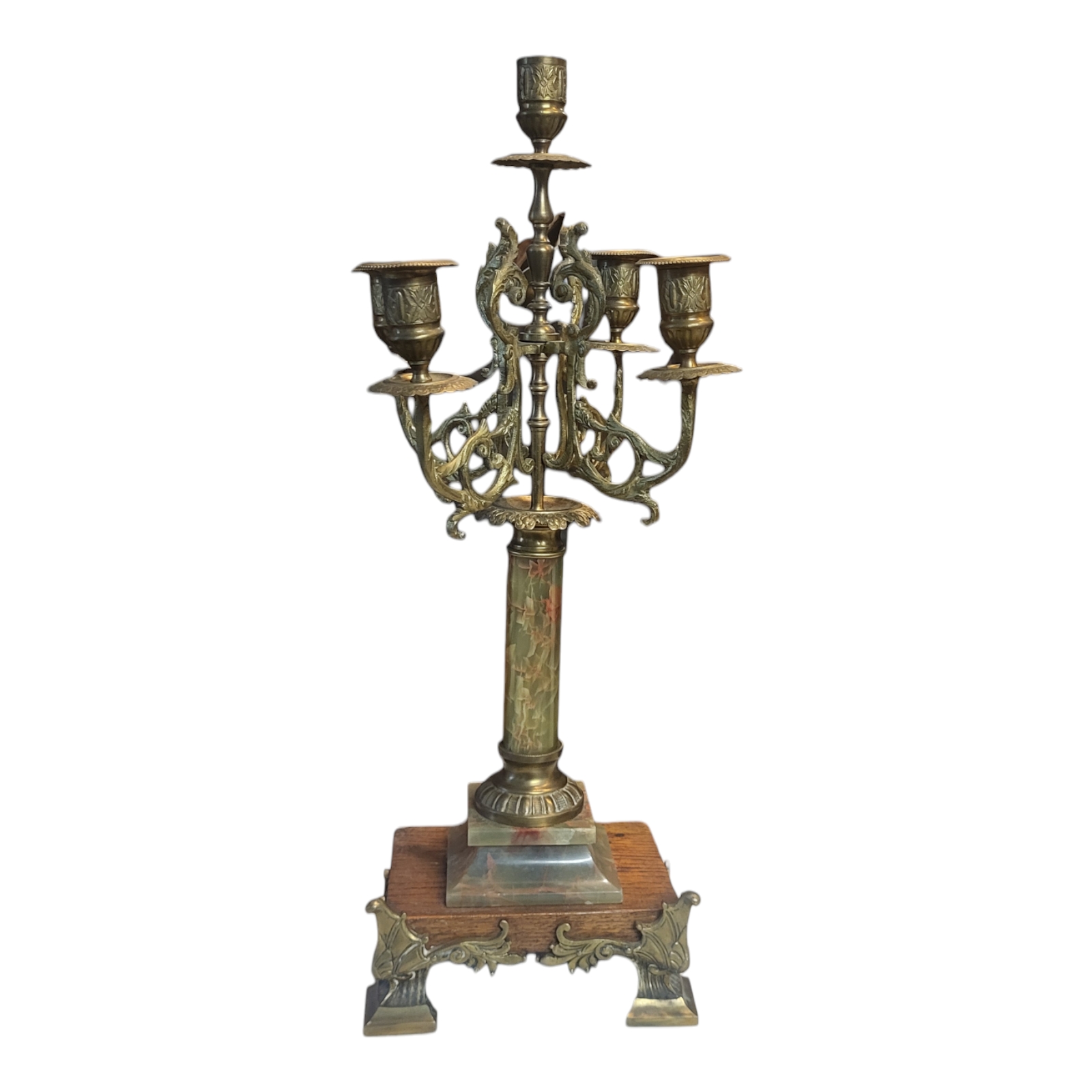 AN EARLY 20TH CENTURY ONYX AND BRASS CANDELABRA Five sconces with scrolled branch arms,onyx column