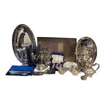 A COLLECTION OF 20TH CENTURY SILVER PLATED WARE Comprising a three piece tea service marked Birks