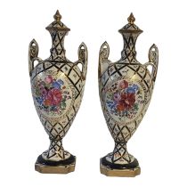 A PAIR OF DECORATIVE 20TH CENTURY PORCELAIN SEVRES STYLE JEWELLED PEDESTAL TWIN HANDLED VASES AND